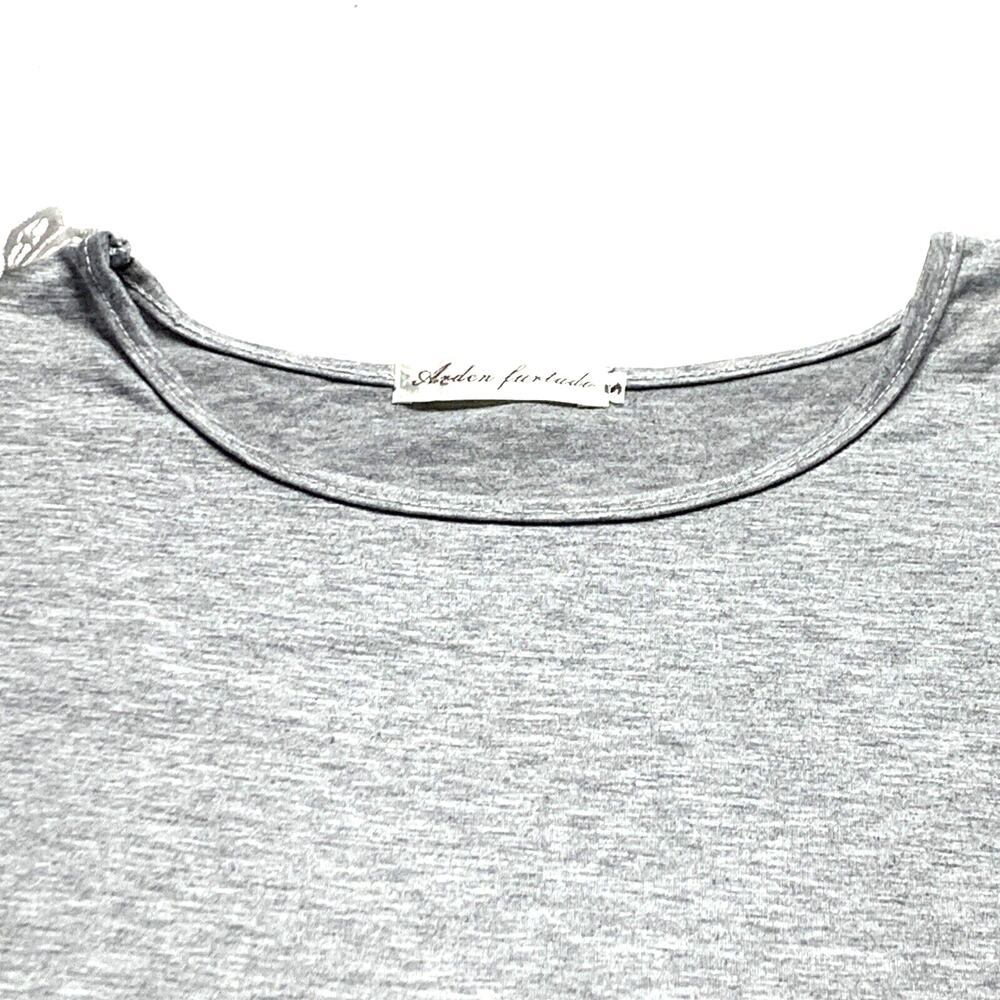 Arden‎ Furtado Top Womens Medium Gray Short Sleeve Lace Look Fitted TShirt - Picture 4 of 7